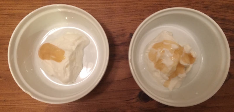 Creamed honey: left. Regular honey: right.